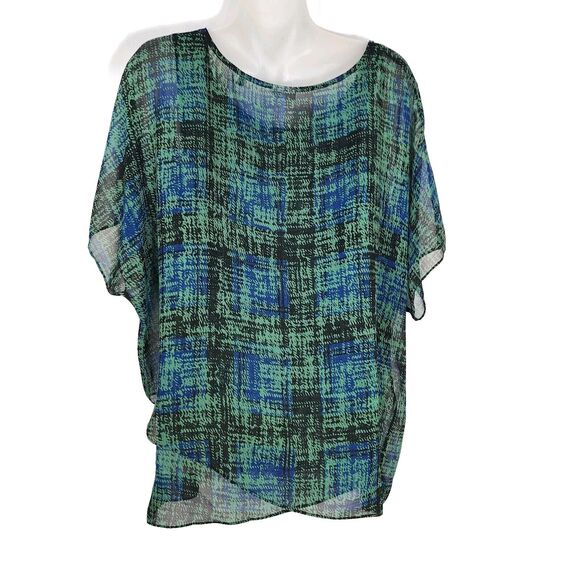 CABI Women's Top Medium Green Painted Plaid Paradox Layered Blouse Style 3770 - Picture 2 of 13